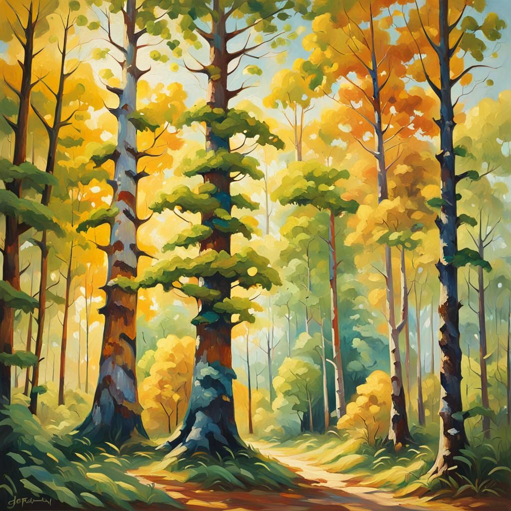 Lush Forest Trees in Oil Painting Style