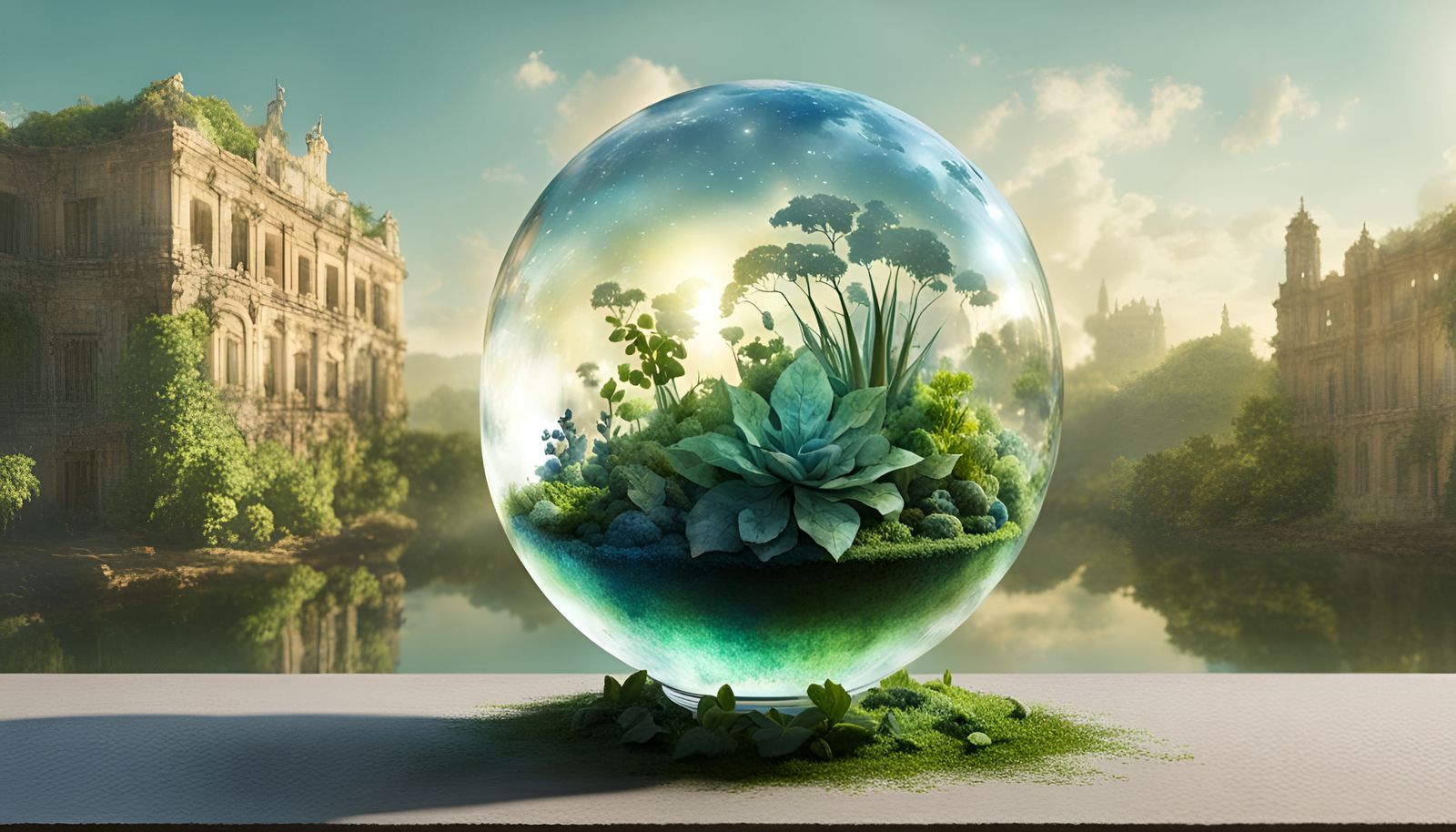 Floating Glass Ball with Plants: Baroque Watercolor