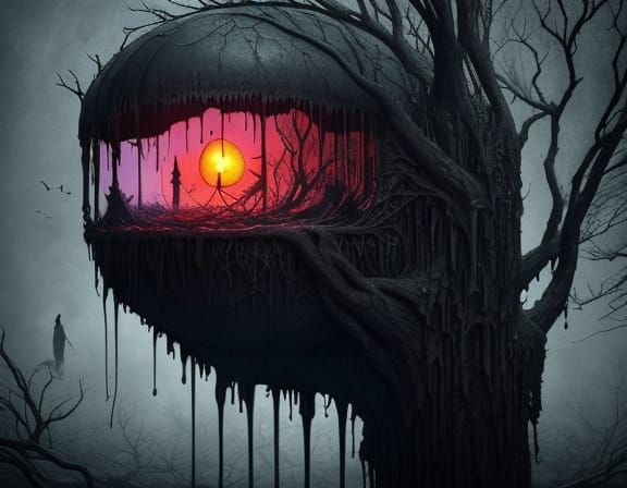 Surreal Melting Clock Drips From Barren Tree Branch