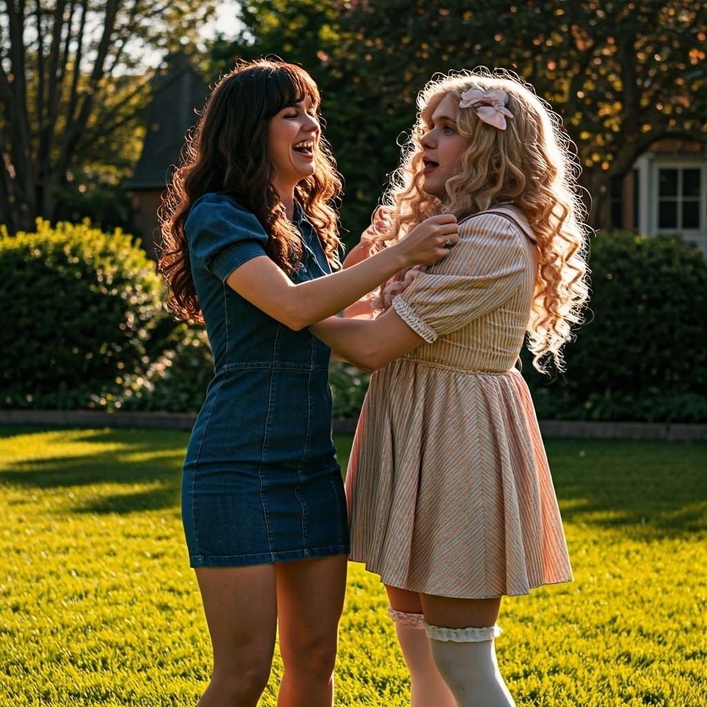 Young Woman Teases Androgynous Friend in Vibrant Yard