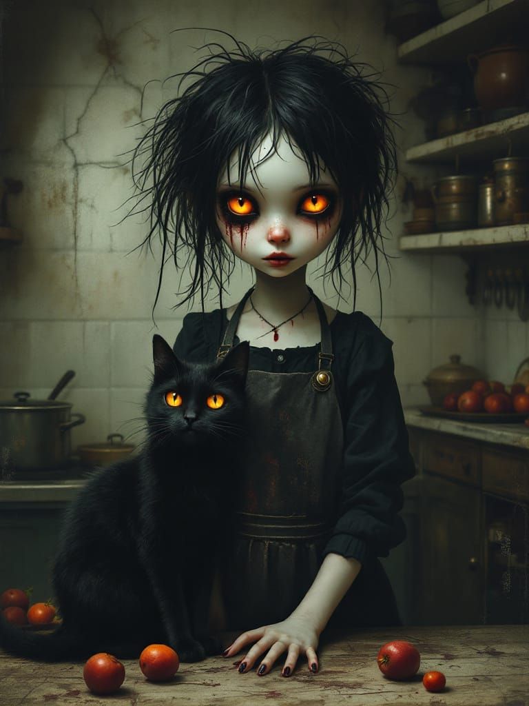 Gothic Fairytale Portrait: Girl and Black Cat in Dim Kitchen