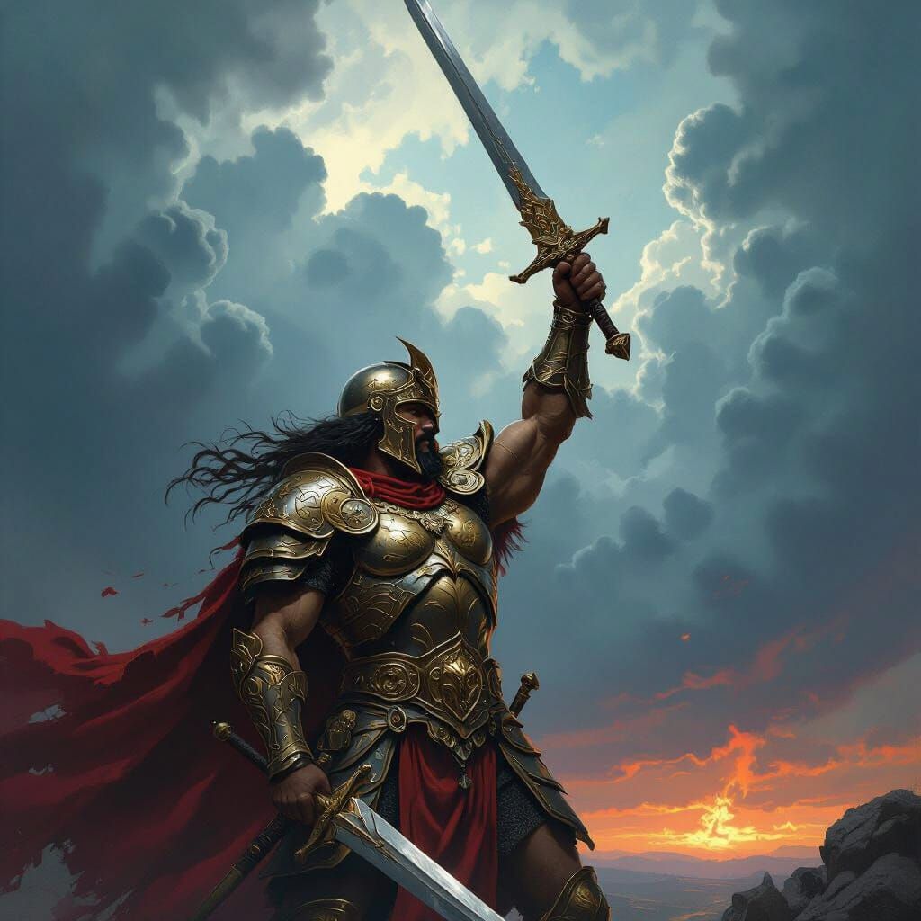Epic Fantasy Warrior in Stormy Sky