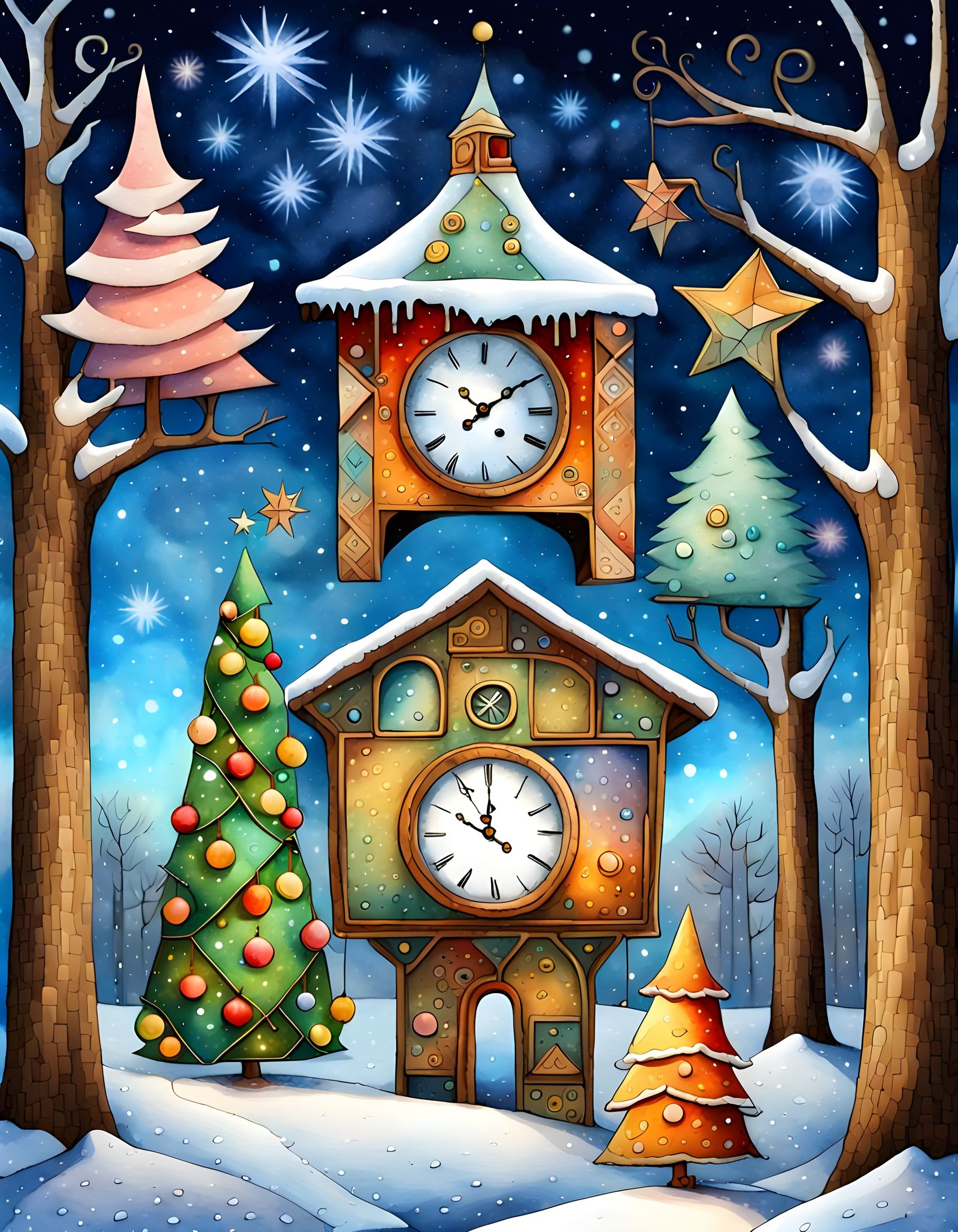 Festive Christmas Clock in Cubist Style