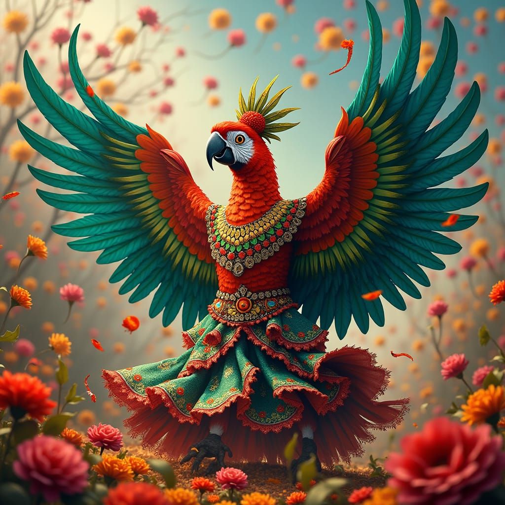 Day of the Dead Parrot Celebration in Frida Kahlo Style