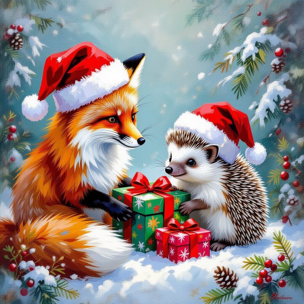 Fox and Bunny Gift Christmas to Hedgehog Babies