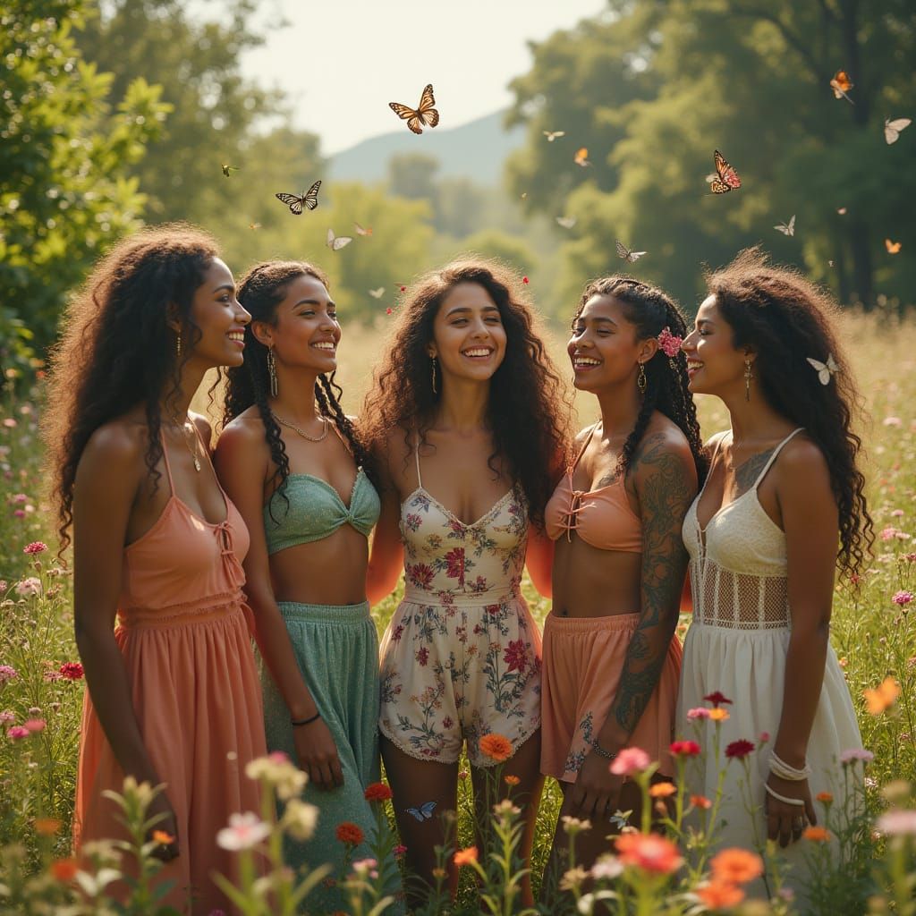 Women in Vibrant Bohemian Garden with Delicate Butterflies