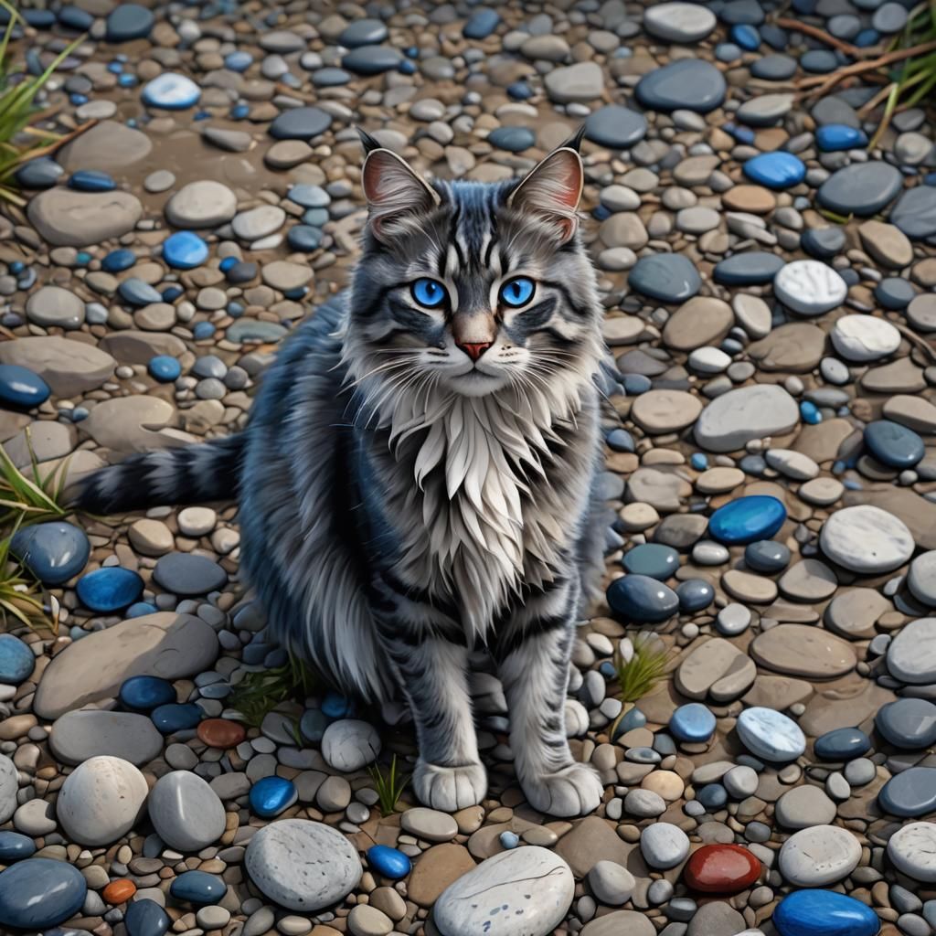 Gray Cat with Blue Eyes on Pebble Shore