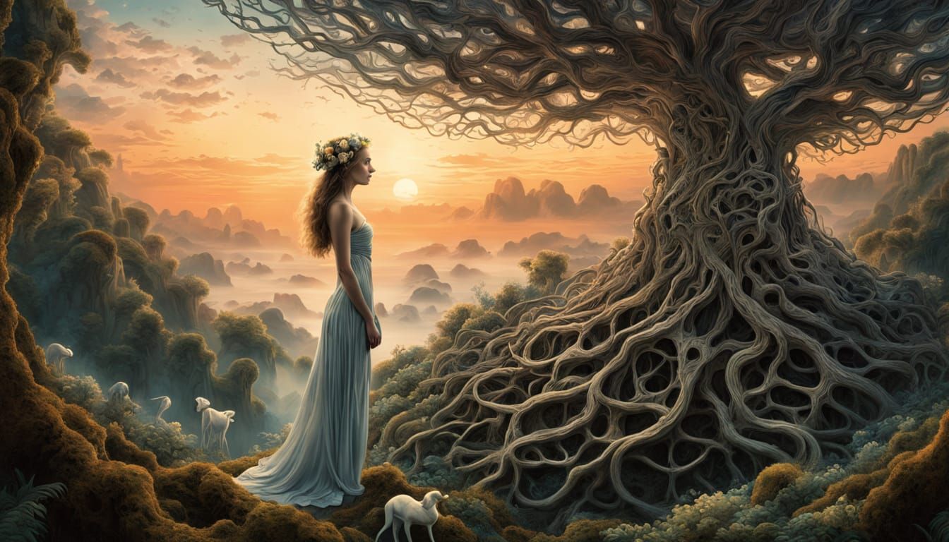 Surreal Woman Becomes Tree Portal in Whimsical, Mystical Lan...
