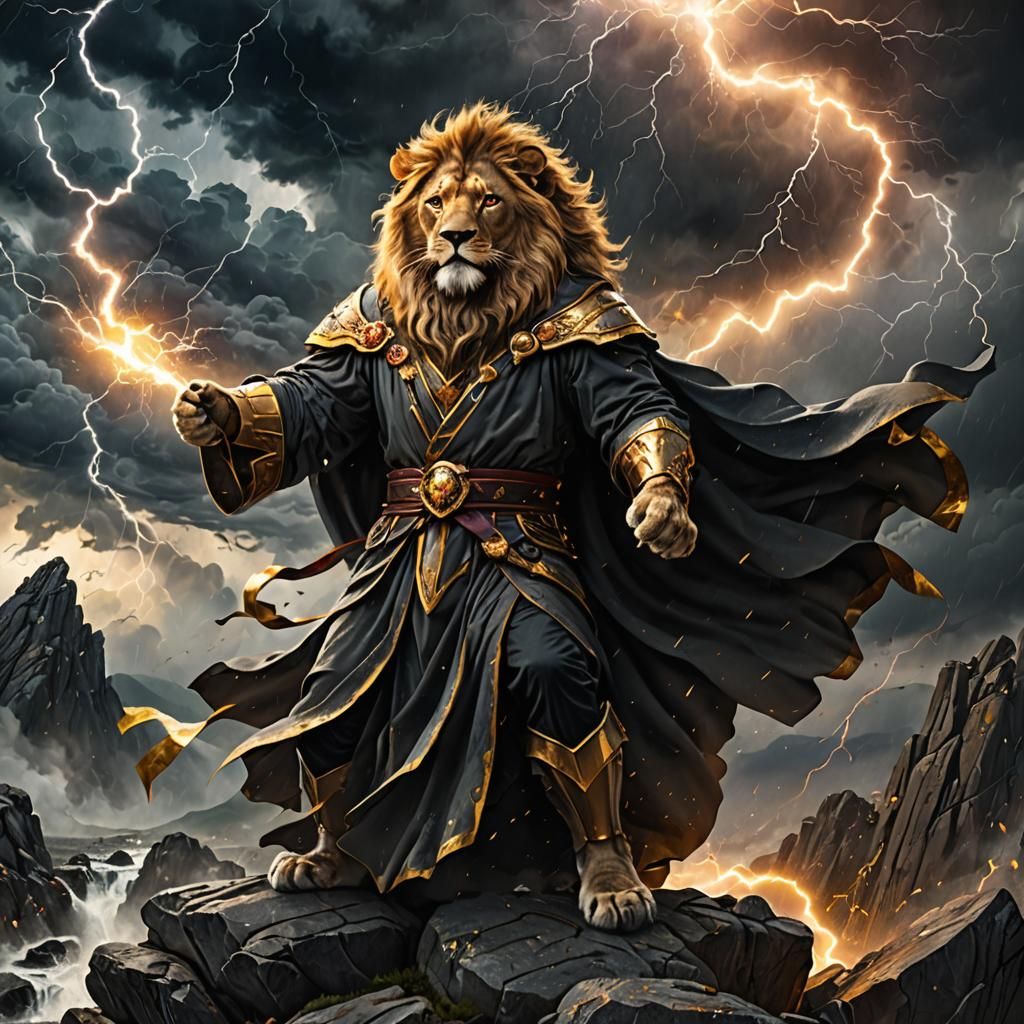 Lion Storm Sorcerer Casting Lightning Spell in Fantasy Art
