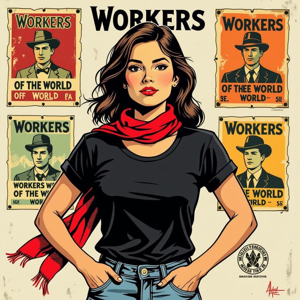 Determined Woman with Posters, Nostalgic Illustration