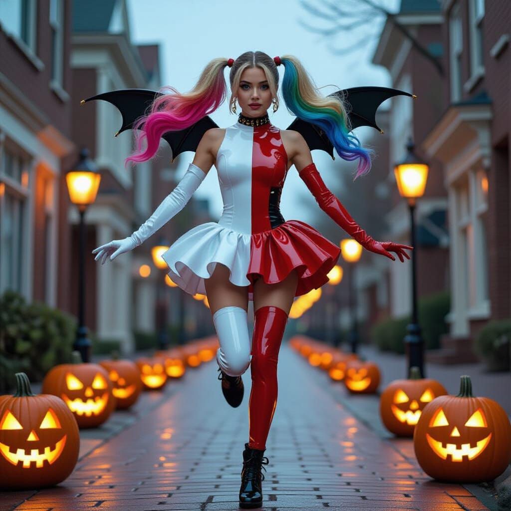 Woman Mid-Leap in Dual-Toned Latex on Jack-o'-Lantern Street