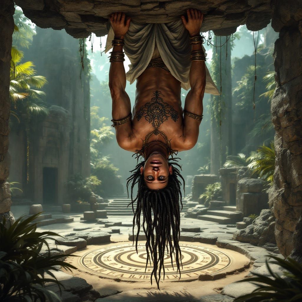 Mystical Hanged Man in Tropical Ritual Setting