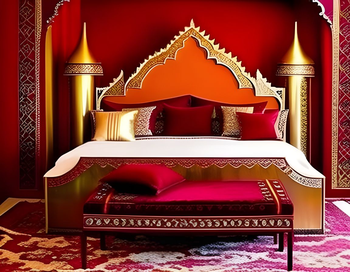 Ornate Moroccan Bedroom in Maroon and Gold