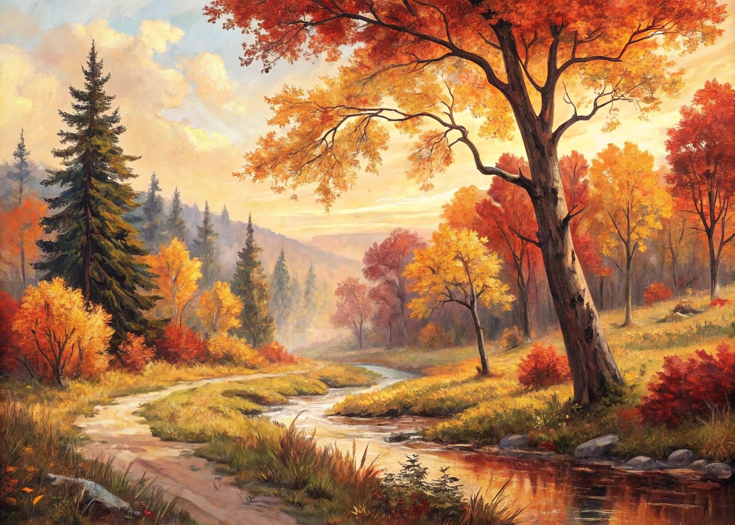 Autumn Landscape Watercolor in Impressionistic Style