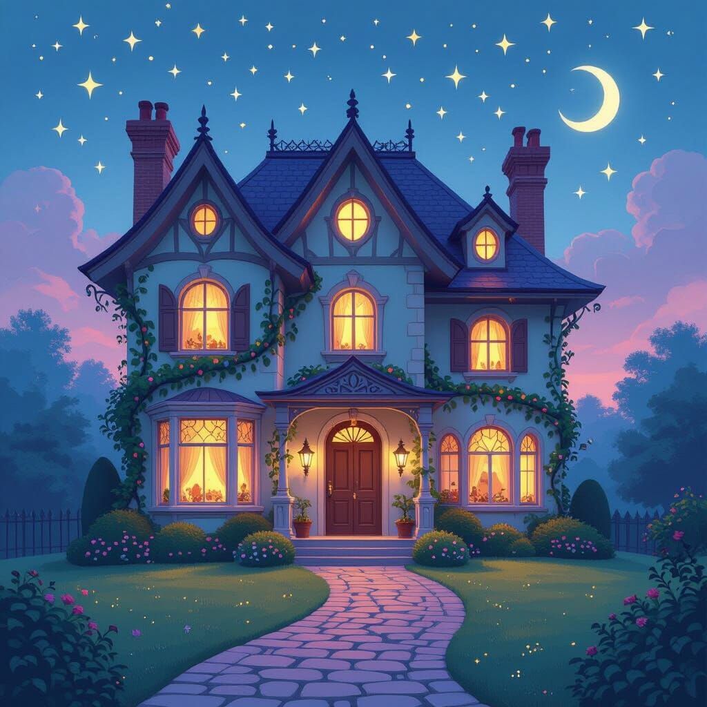 Whimsical Dream House Illustration with Enchanted Gardens