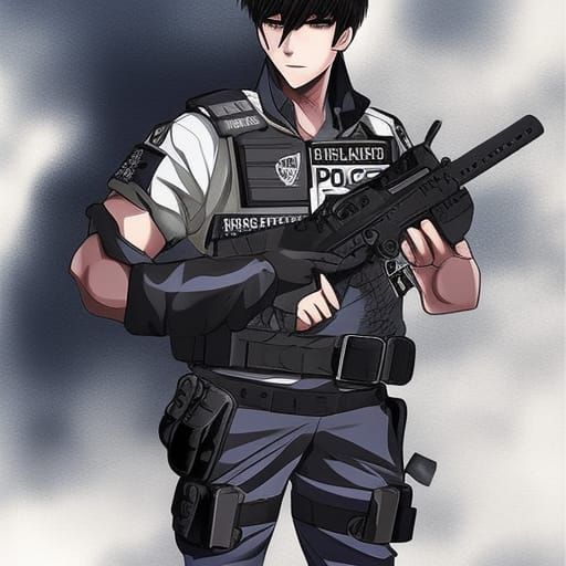 Armored Figure with Submachine Gun in Anime Style