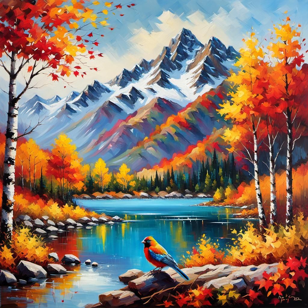 Colorful Bird in Autumn Landscape: Tachisme Style