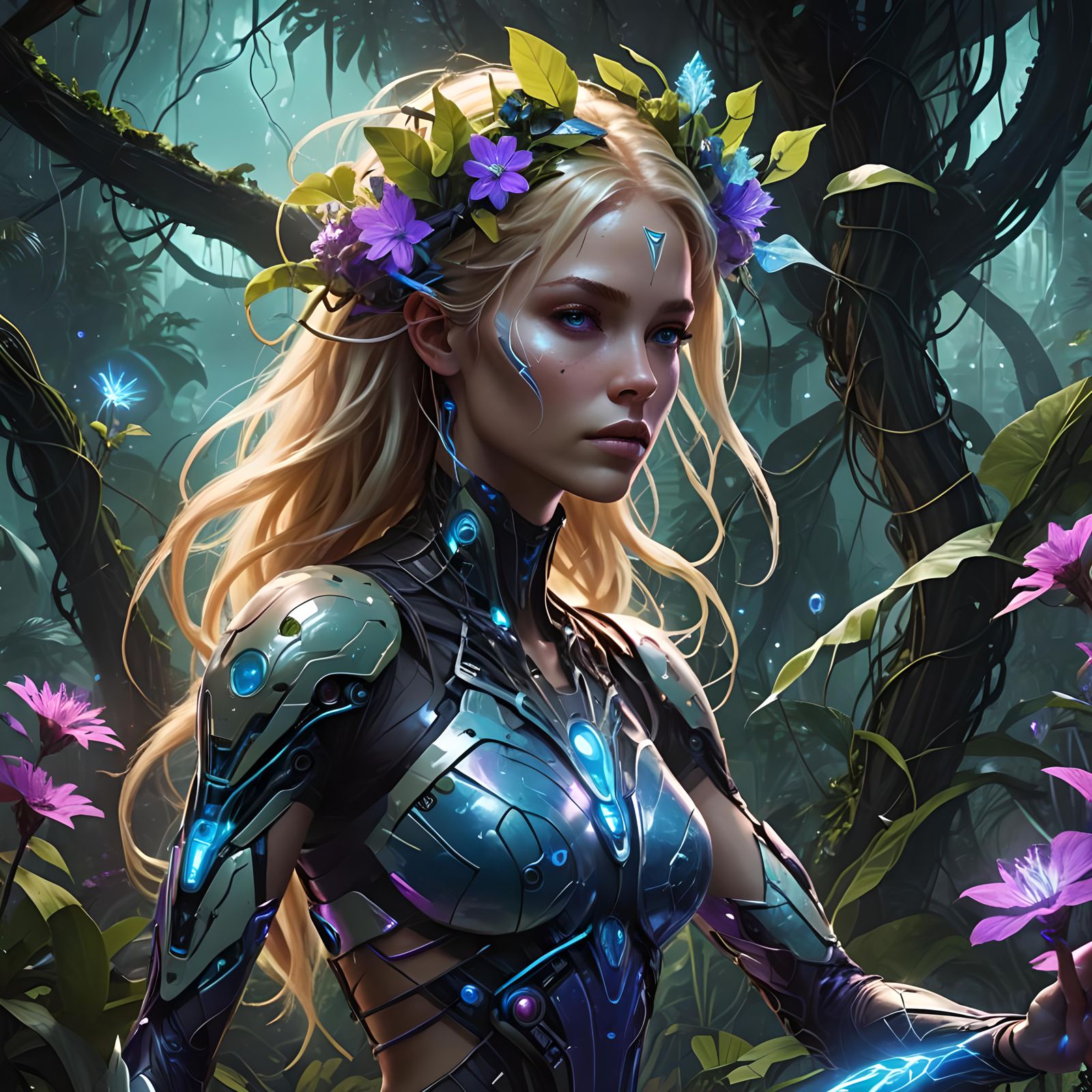 Cybernetic Jungle Girl on Alien World: Detailed Matte Painti...