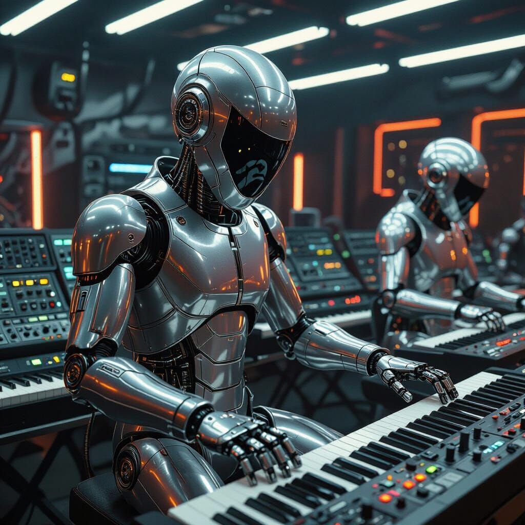 Robot Keyboardist in Hyperrealistic Cyberpunk Style