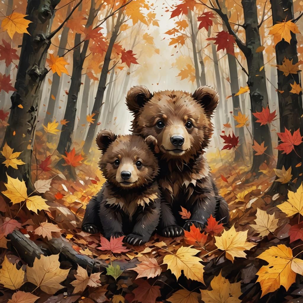 Adorable Brown Bear Cubs in Autumnal Forest