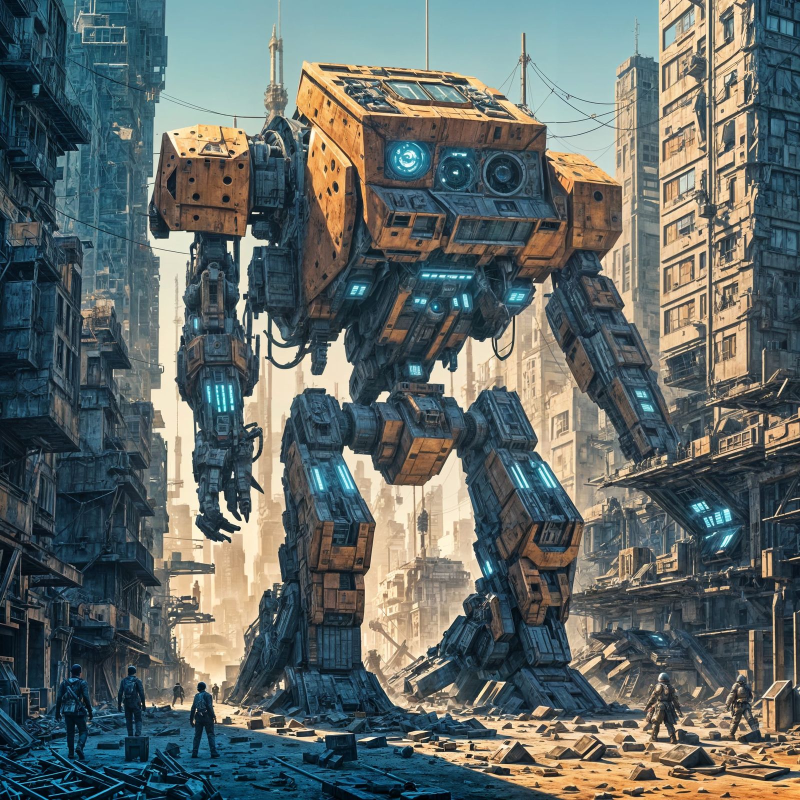 Giant Robot Walks Through War Torn Cityscape in Geometric St...