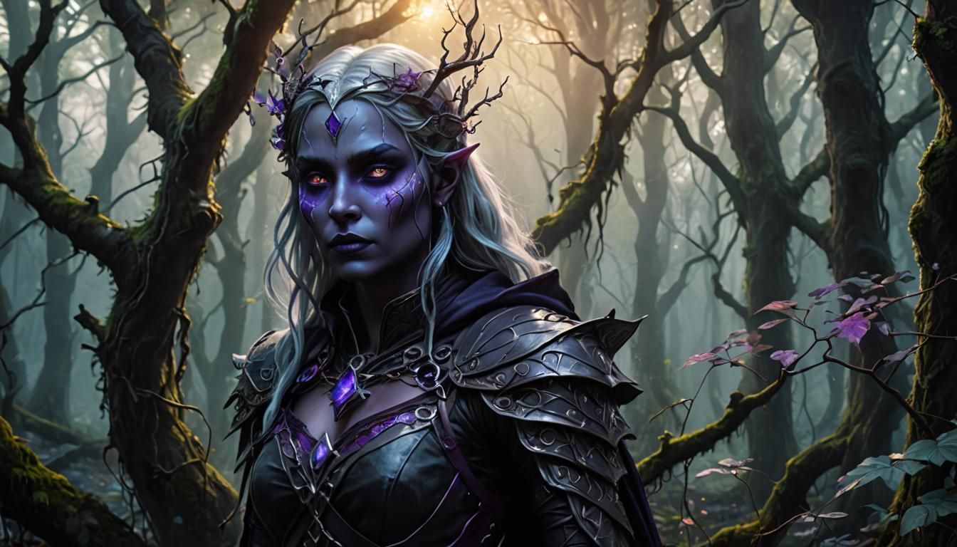 Drow Priestess in Misty Forest, Dark Fantasy Art