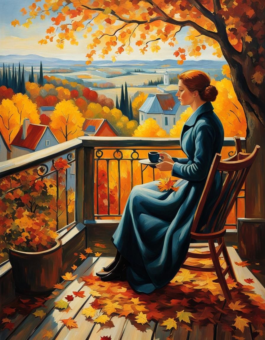 Autumn Morning Serenity: Woman on Balcony in Van Gogh Style