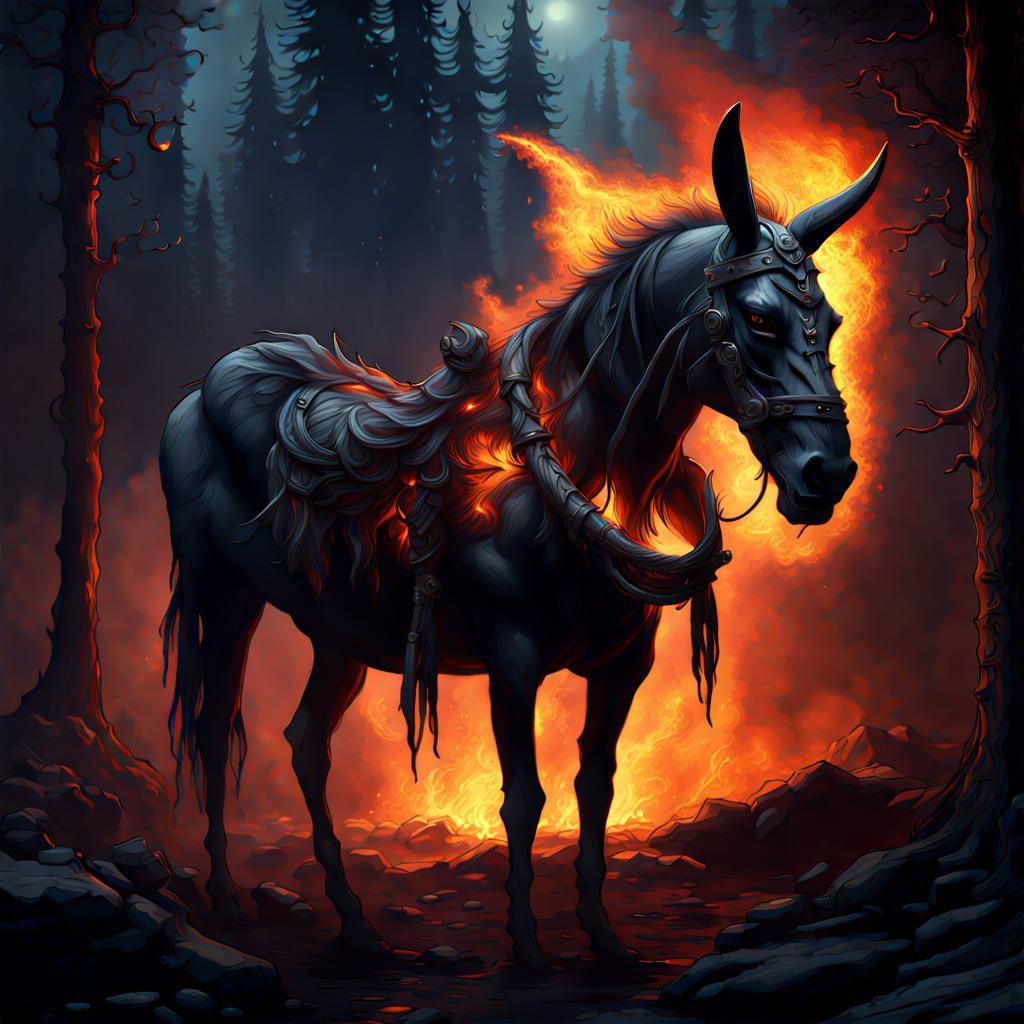 Flaming Headless Mule in Dark Forest: Fantasy Art