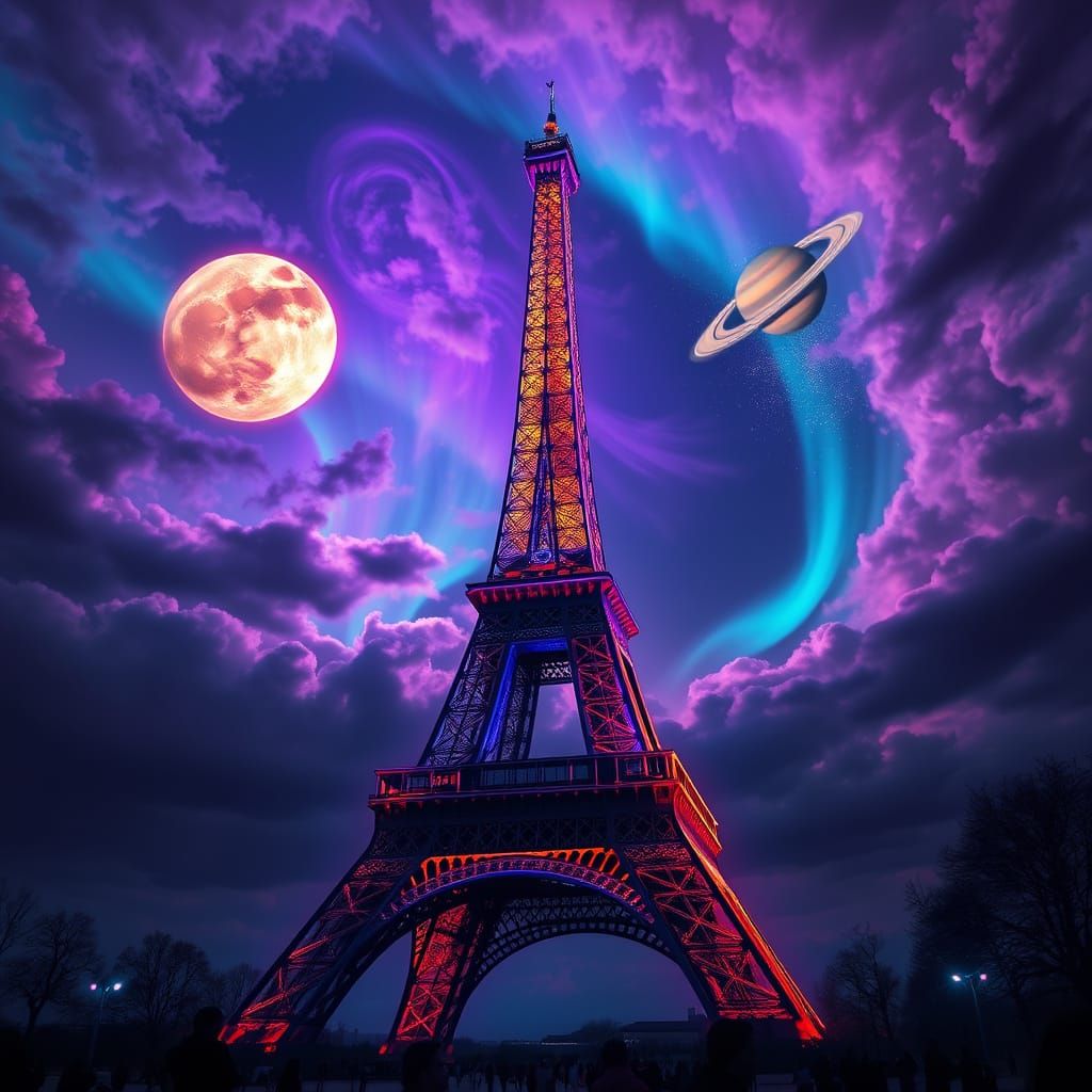 Majestic Eiffel Tower Radiant with Celestial Wonders in Cybe...