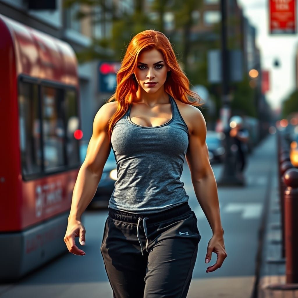 Strong Red-haired Woman Exudes Confidence on City Street