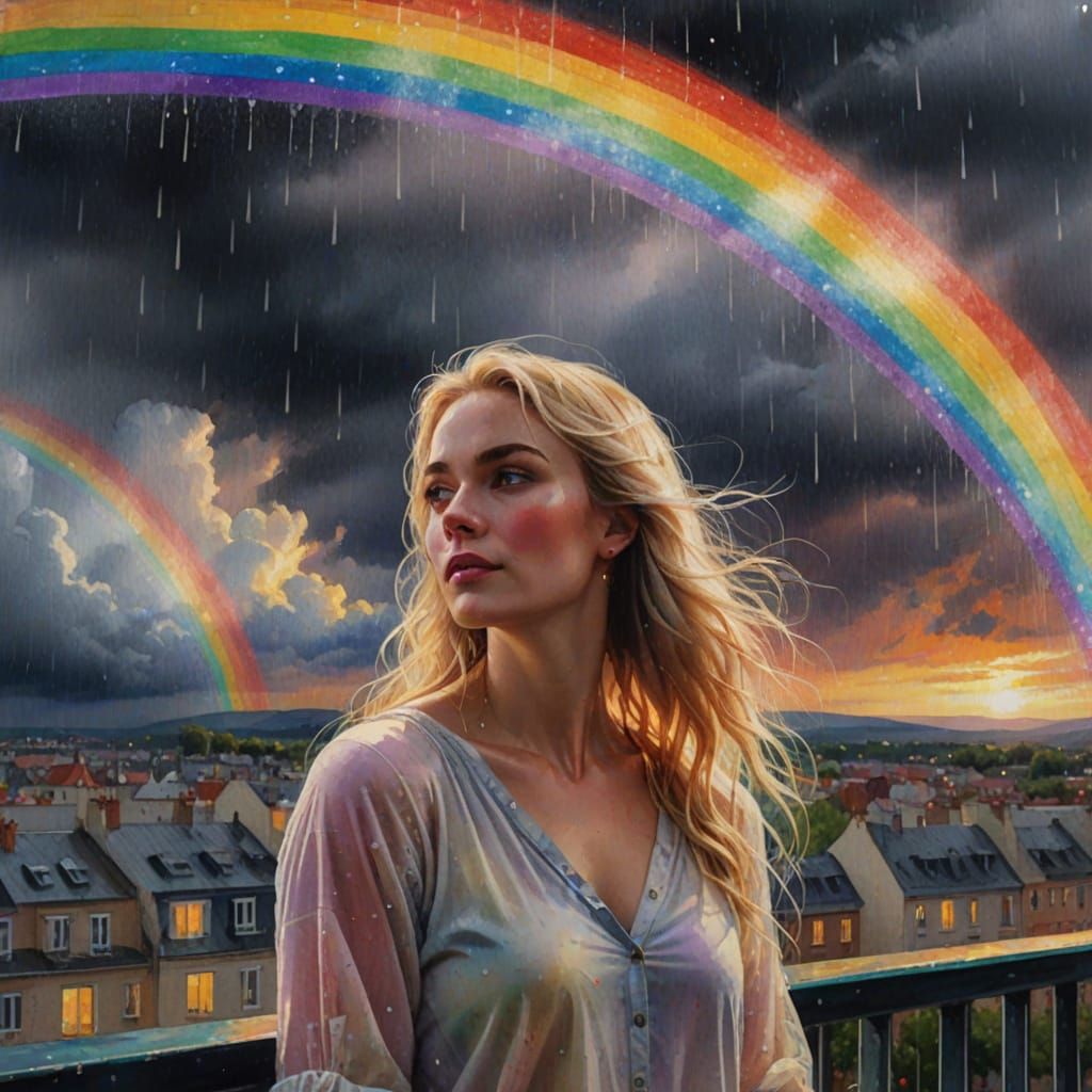 Blonde Beauty Under Rainbow Skies