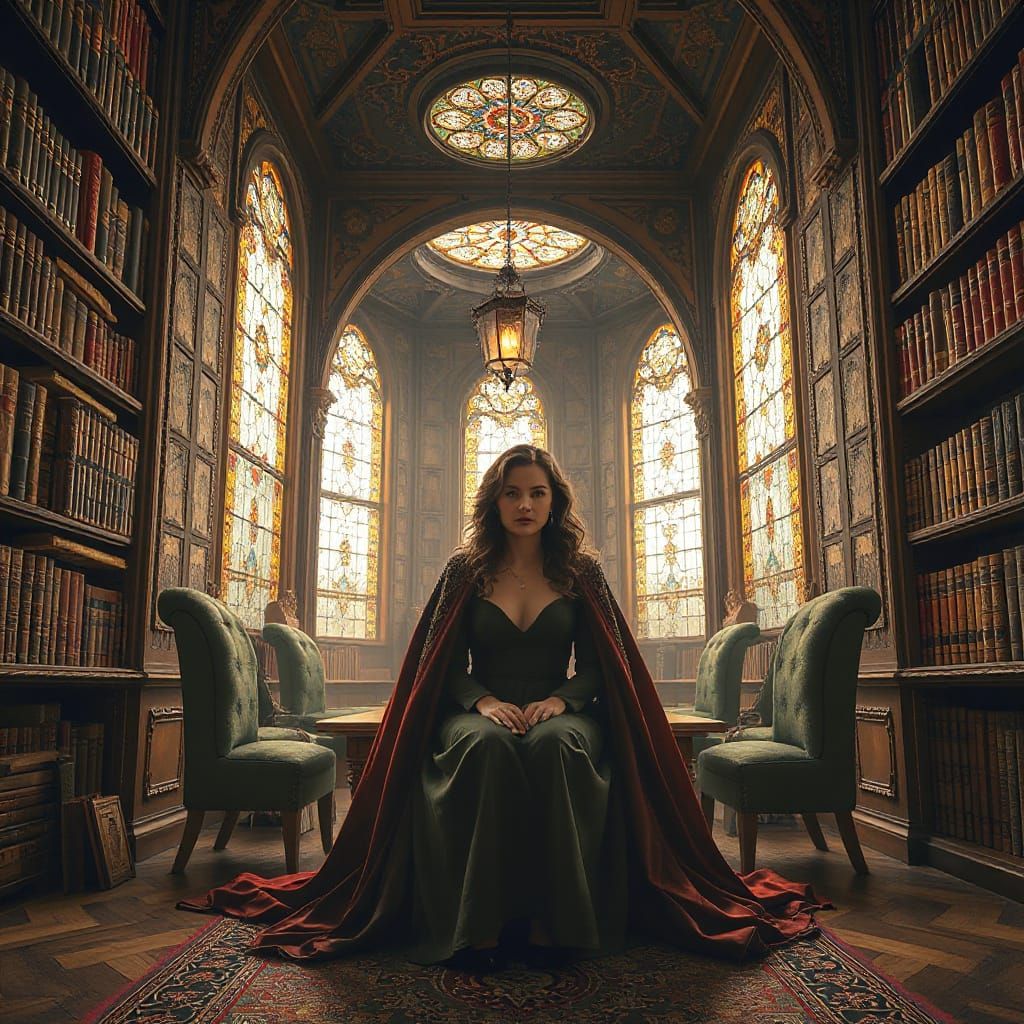 Woman in Ornate Library in Digital Art Style