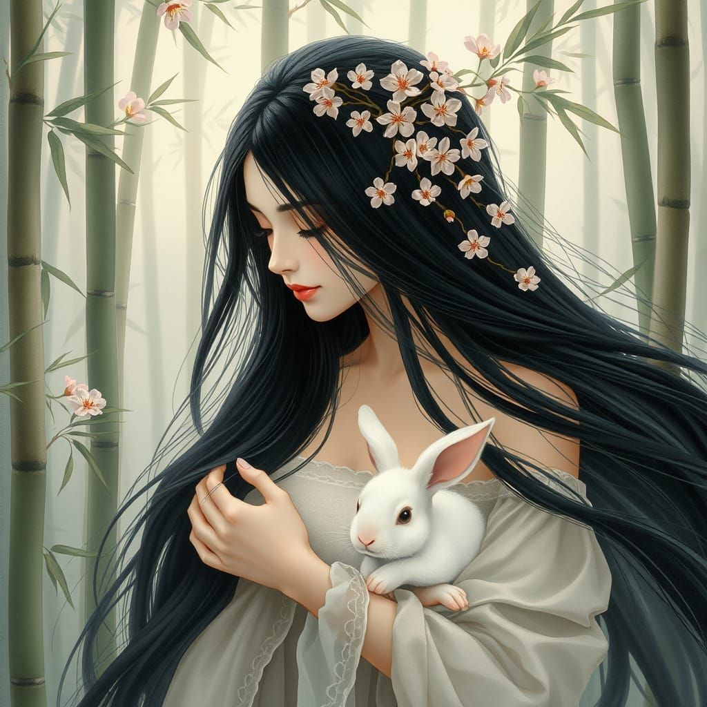 Woman with Rabbit in Bamboo Forest, Art Nouveau Style