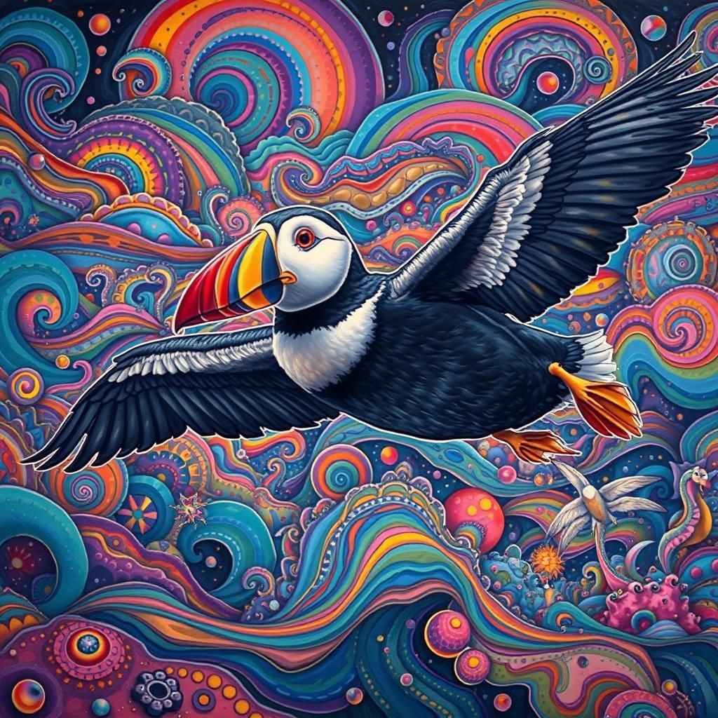 Psychedelic Puffin Flying Over Ocean