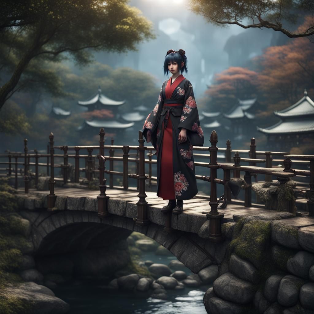 Japanese Goth Girl on Stone Bridge, Photorealistic Art