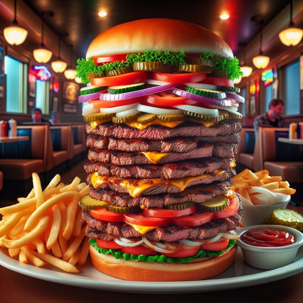 Giant Eight-Layer Steak Burger with Fries