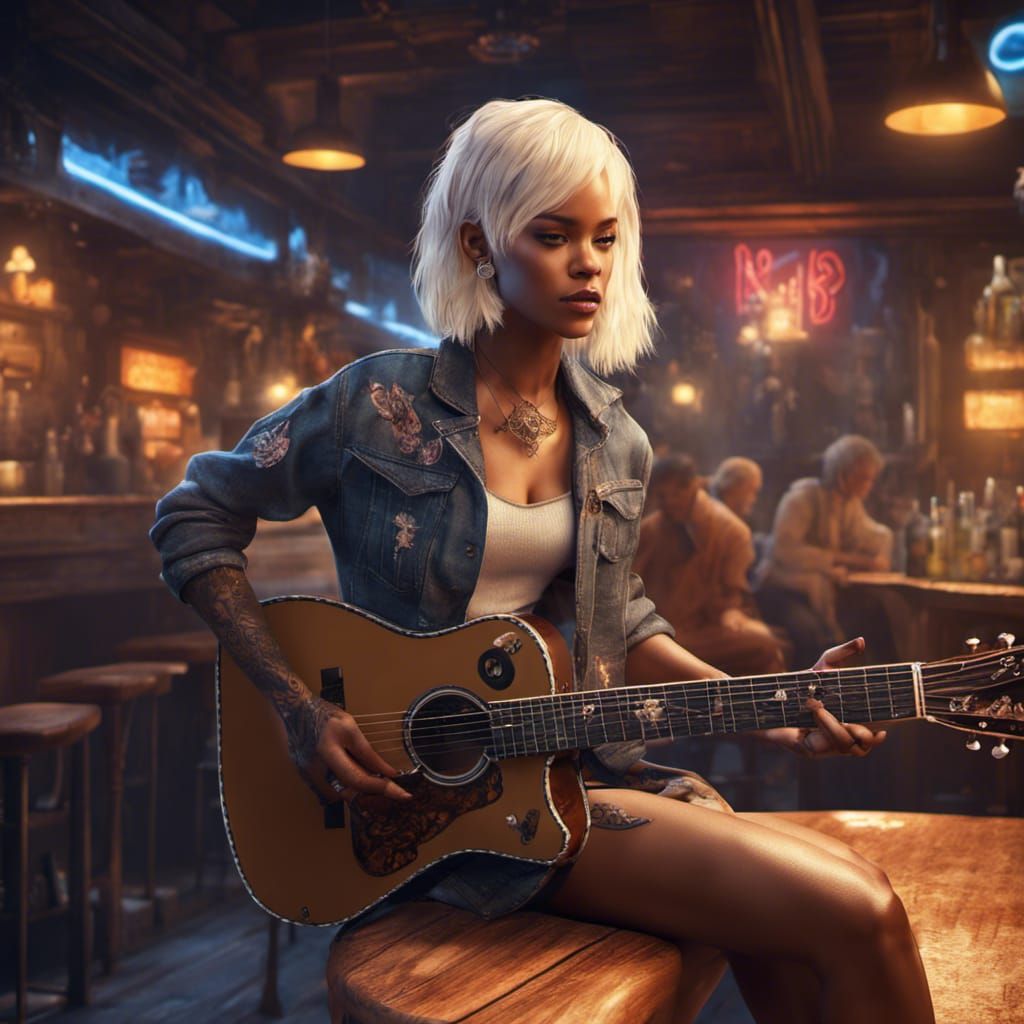 Girl with Guitar in Bar: Fantasy Concept Art