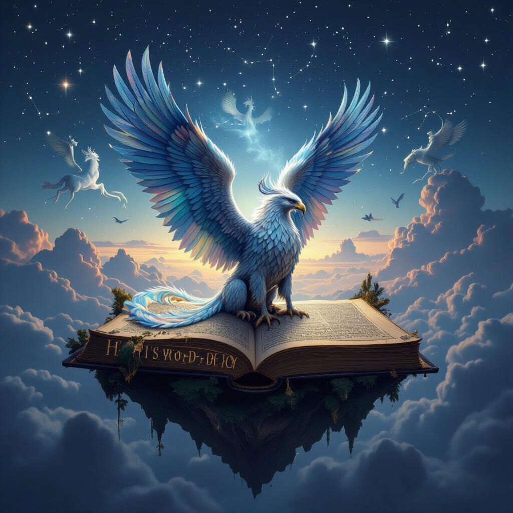 Majestic Griffin on Floating Book Island in Twilight Sky