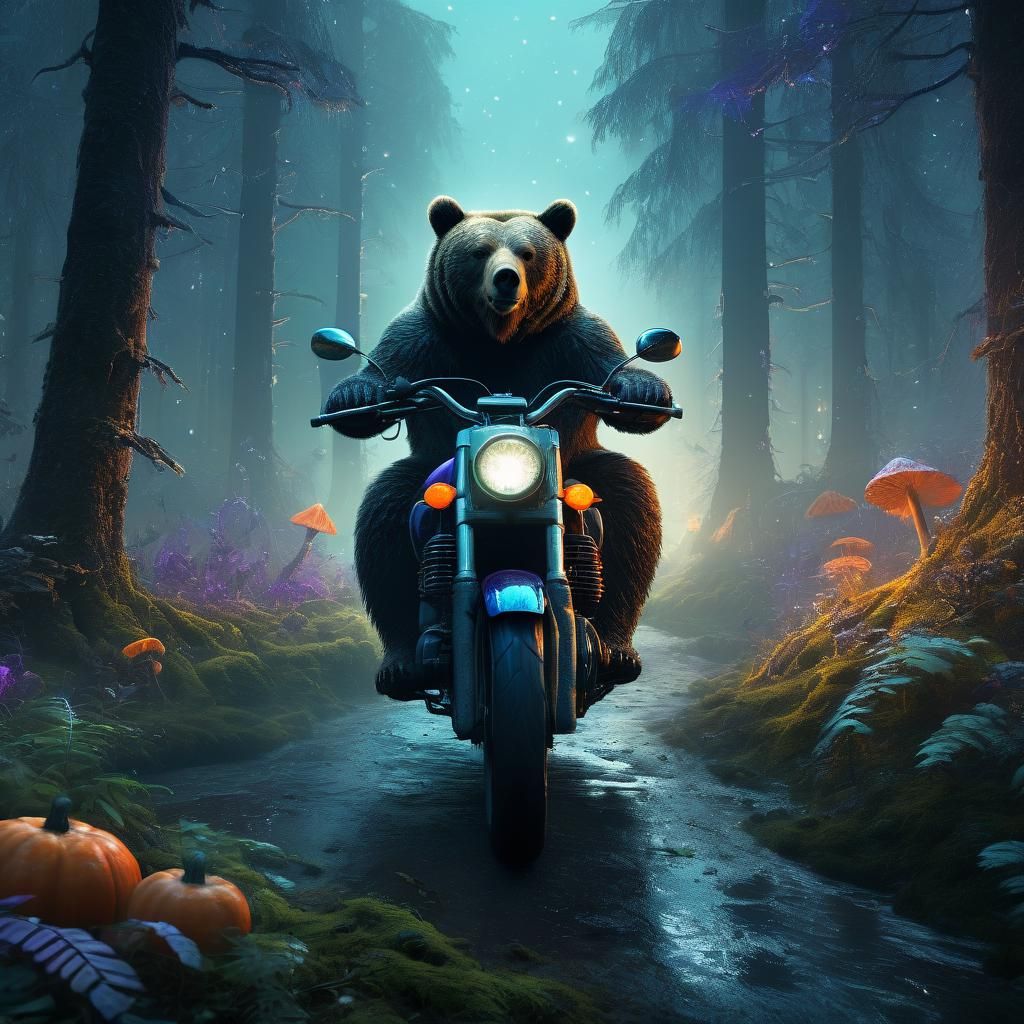 Bear on Motorcycle in Misty Forest, Fantasy Art