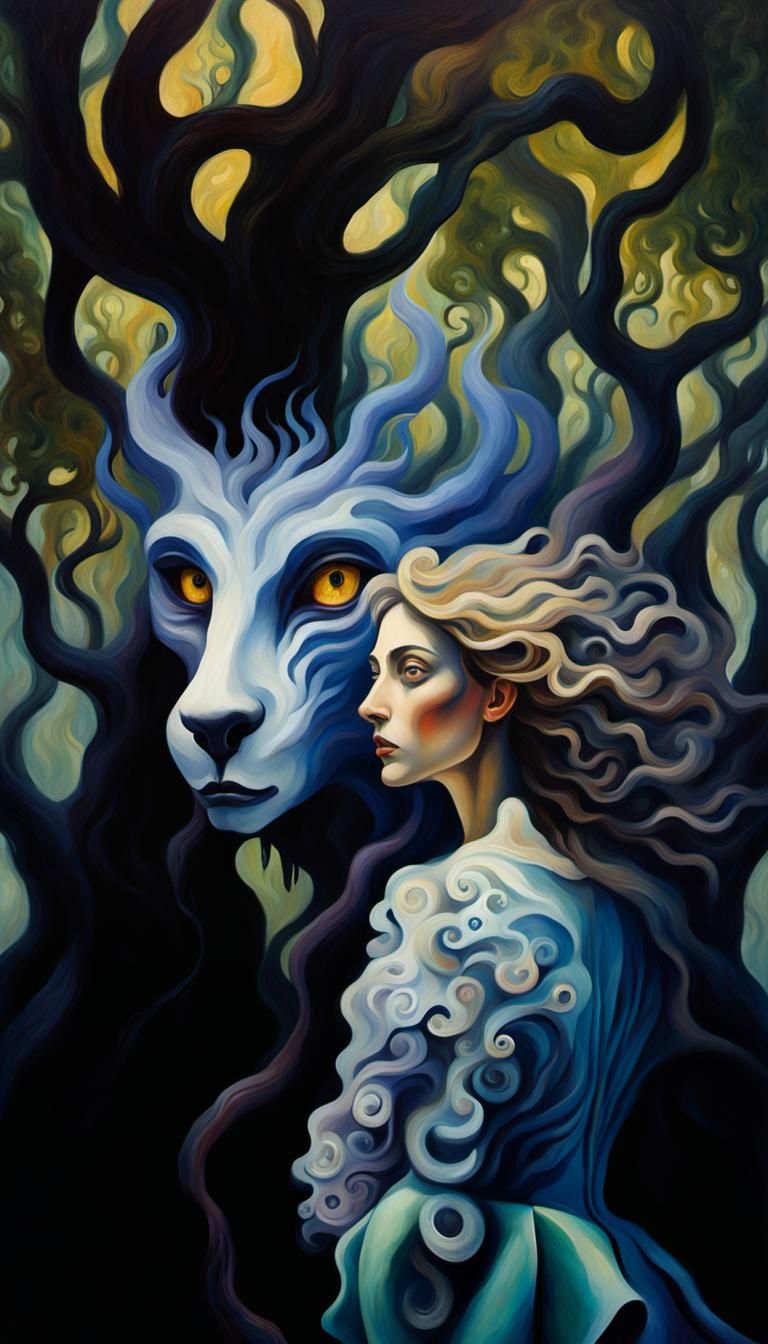 In the heart of a moonlit forest, a towering lupine creature...