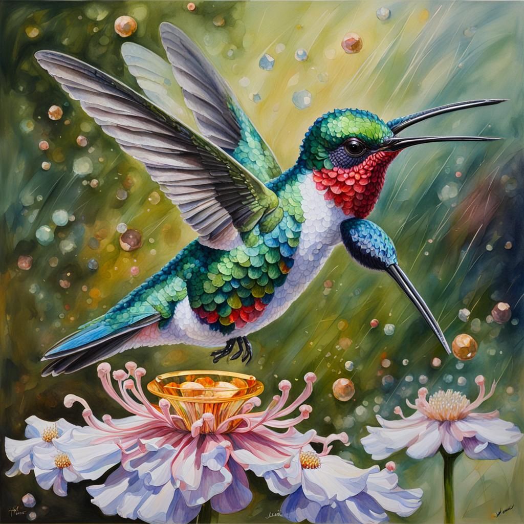 Hyperdetailed Watercolour Hummingbird with Crystal Flower