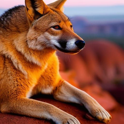 Photorealistic Dingo Runs at Uluru Sunset