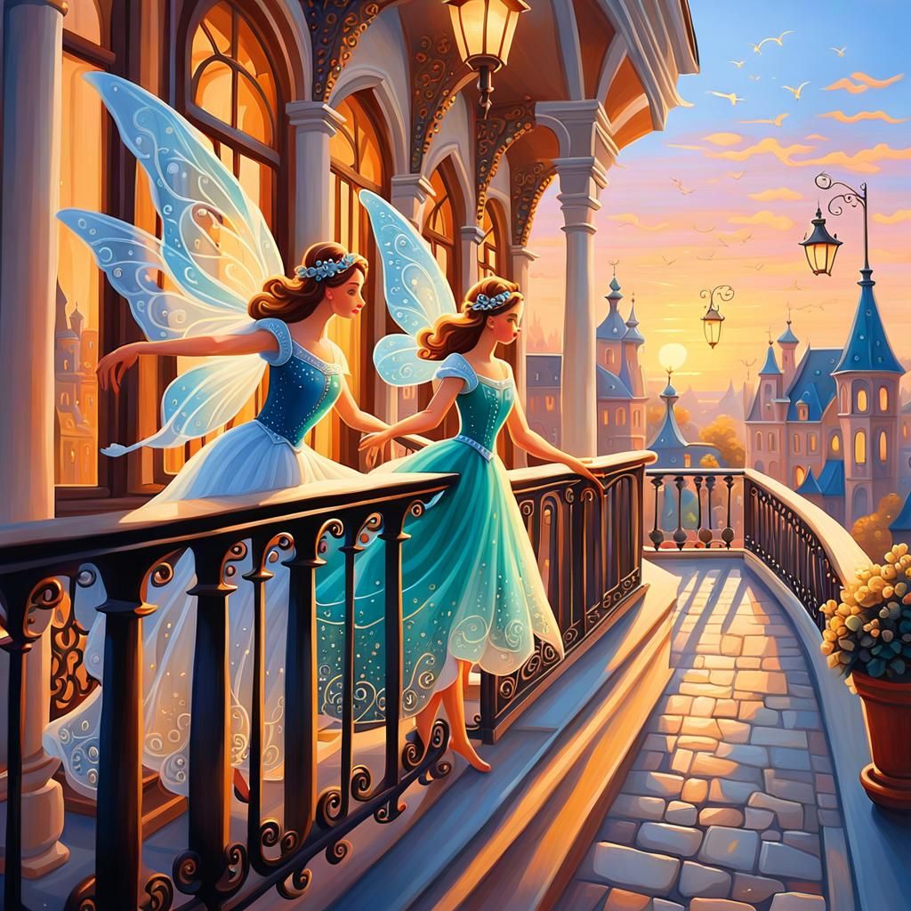 Lady Fairies Dancing on Balcony in Oil Painting