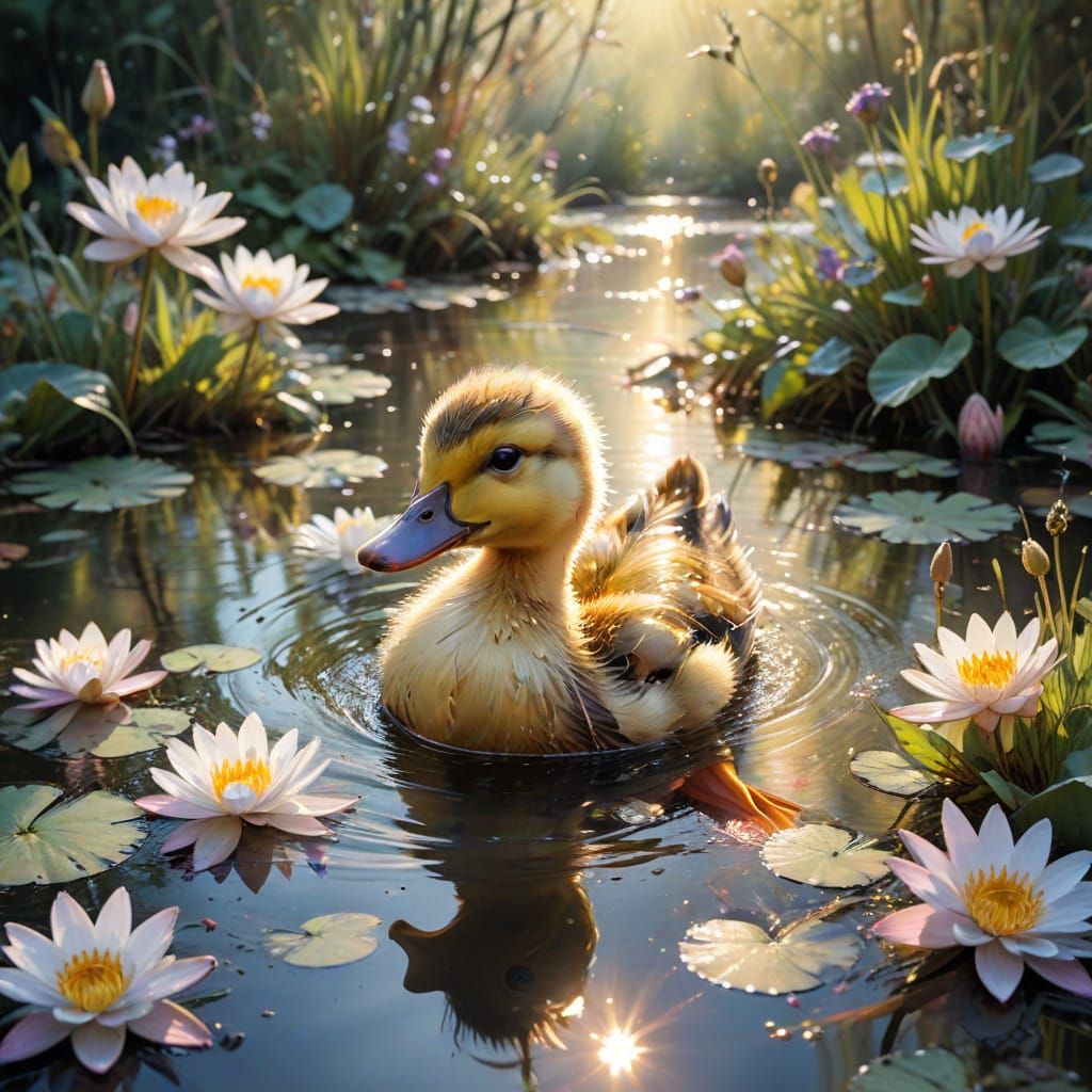Playful Duckling in Watercolor River Garden