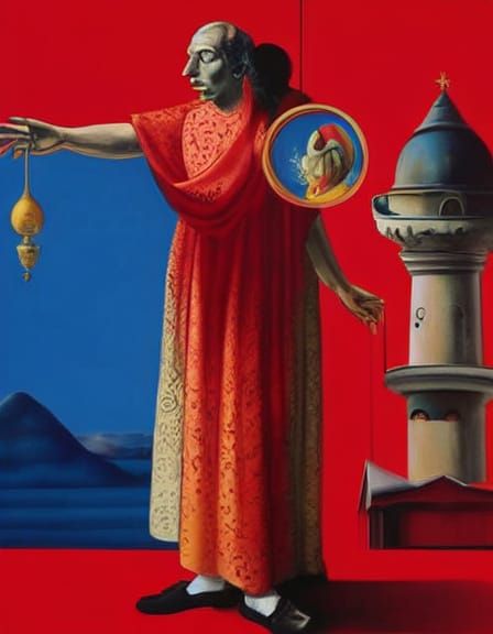 Monk with Colorful Face in Surreal Setting