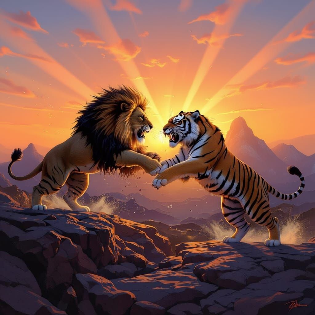 Lion and Tiger Battle on Cliffside at Sunset
