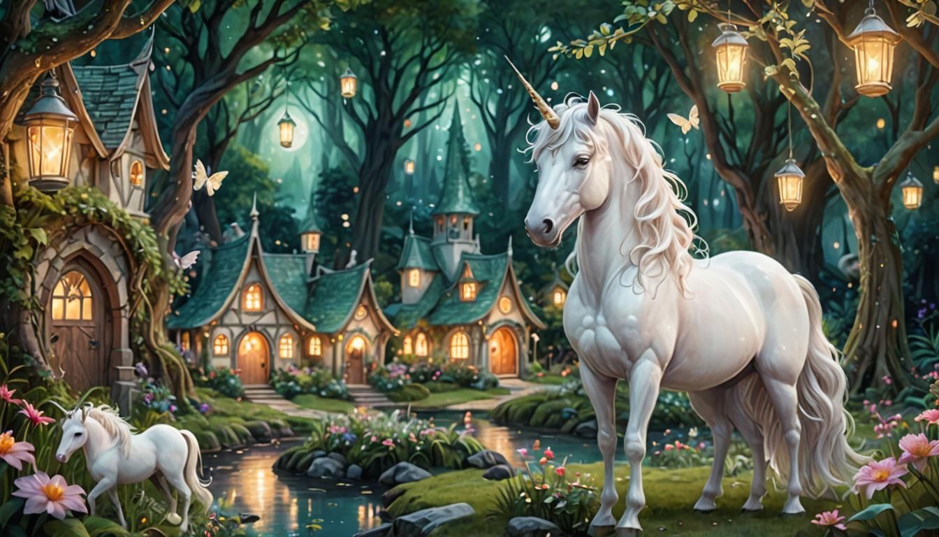 Enchanted Unicorn in Mystical Forest Illustration