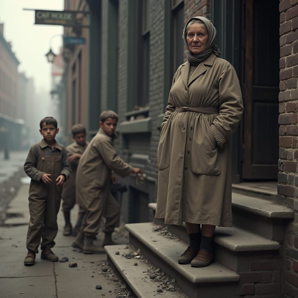 Resilient Woman on Tenement Stoop in Great Depression Era