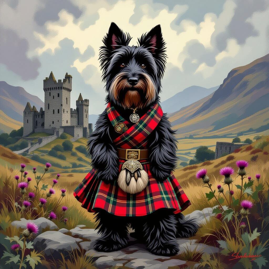 Noble Scottish Terrier in Kilt at Ancient Castle Ruins