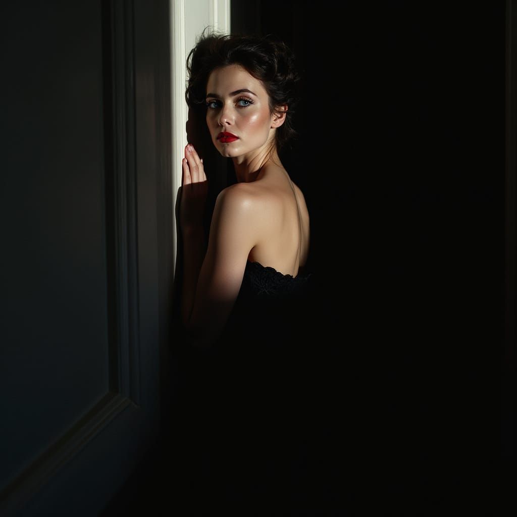 Luminous Woman Emerges from Shadows in Classic Style